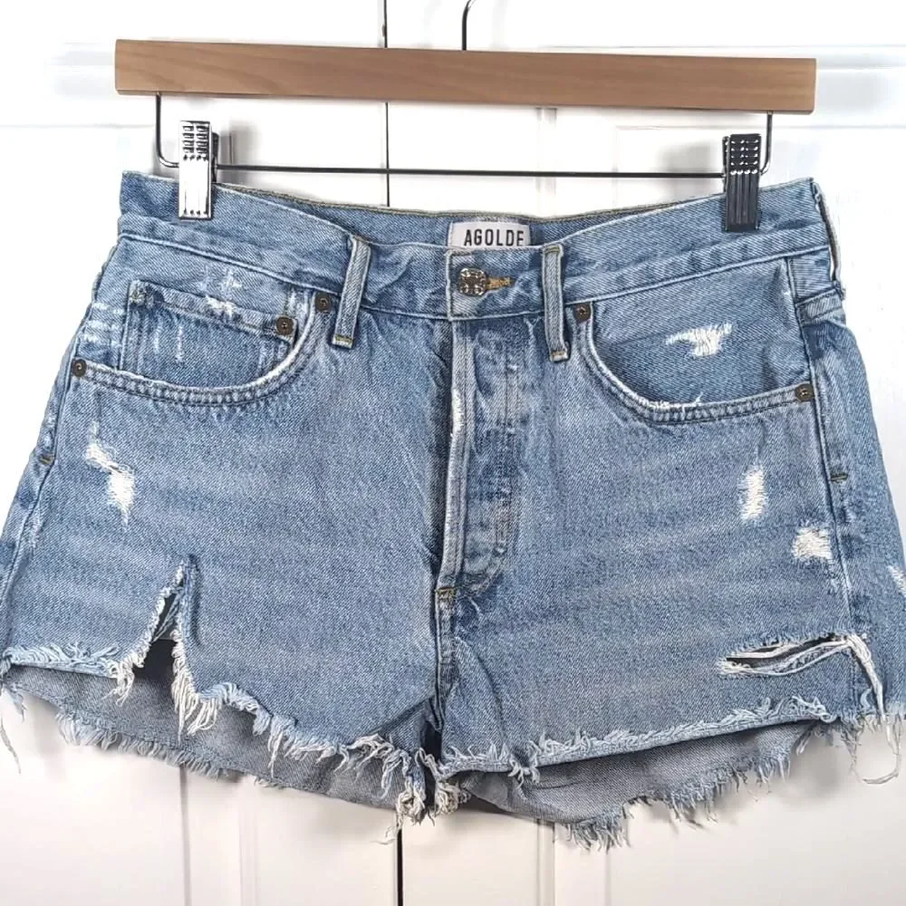 AGOLDE Parker Vintage Cut Off Denim Shorts Light Wash Distressed Size 27 Frayed